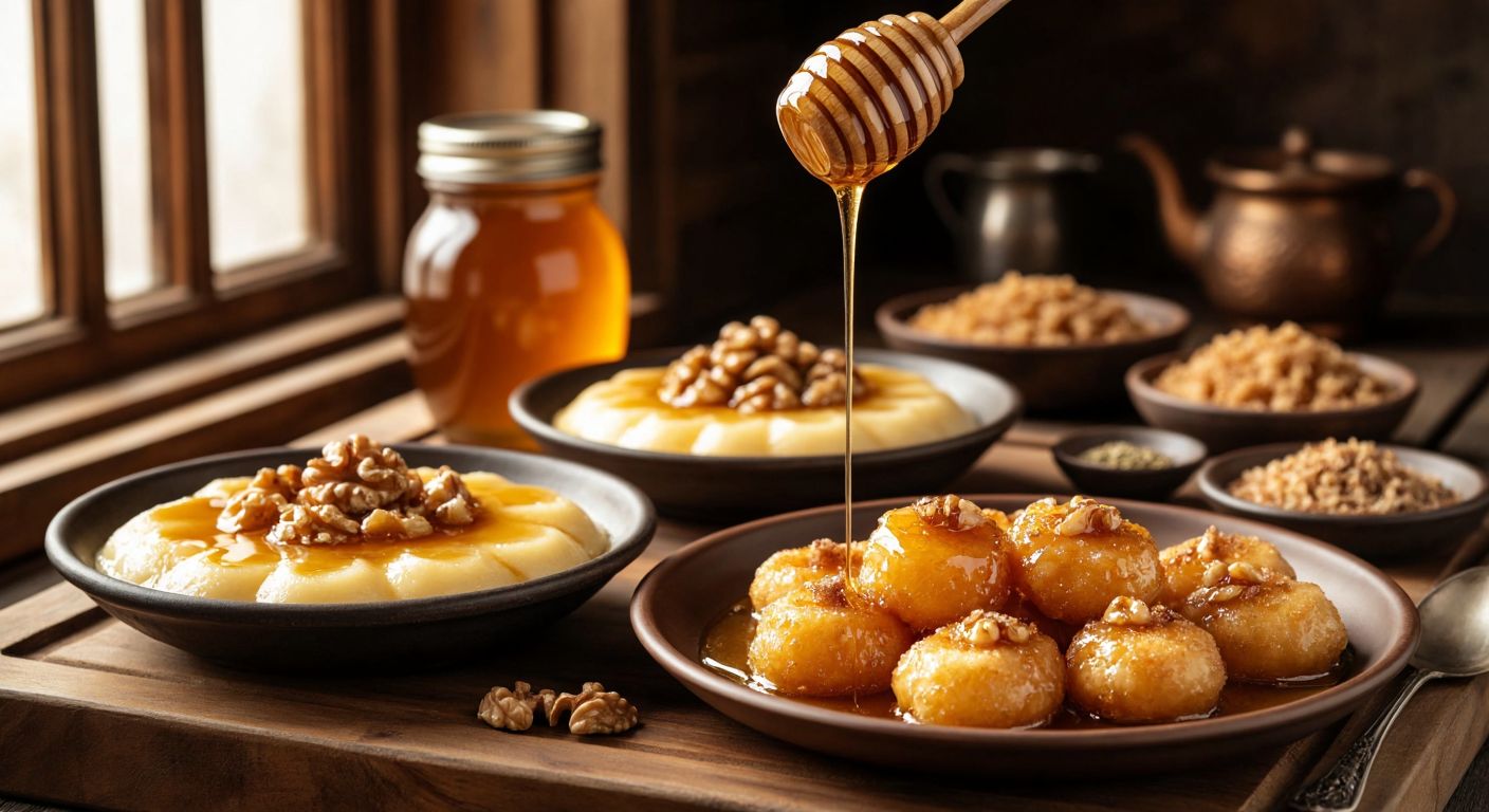 A rustic wooden table in a Turkish kitchen displays a golden honey jar surrounded by dishes like bal-lokma drizzled with honey, bal-muhallebi topped with walnuts, and bal-hardalli tavuk glistening on a plate, evoking warmth and culinary tradition.