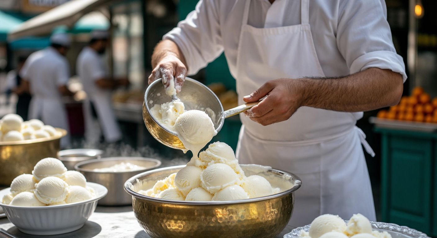 A vibrant Turkish street vendor in a white apron scoops creamy *kaymaklı dondurma* from a brass pot, its stretchy texture glistening, while a simpler, softer *dondurma* melts slightly in a nearby glass bowl under the sun.