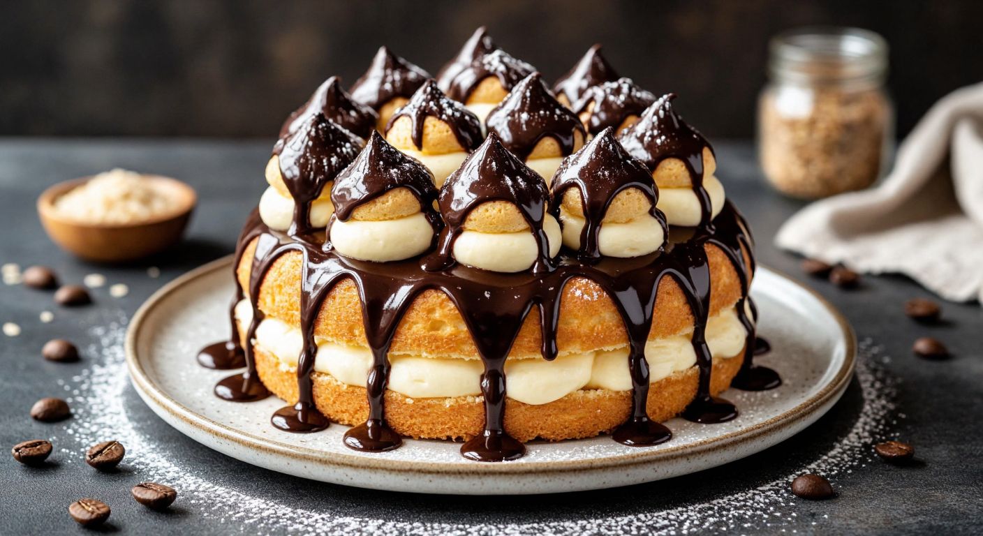 A golden-brown profiterole cake sits on a ceramic plate, drizzled with glossy chocolate sauce and topped with creamy-filled profiterole puffs, surrounded by scattered coffee granules and a dusting of powdered sugar.