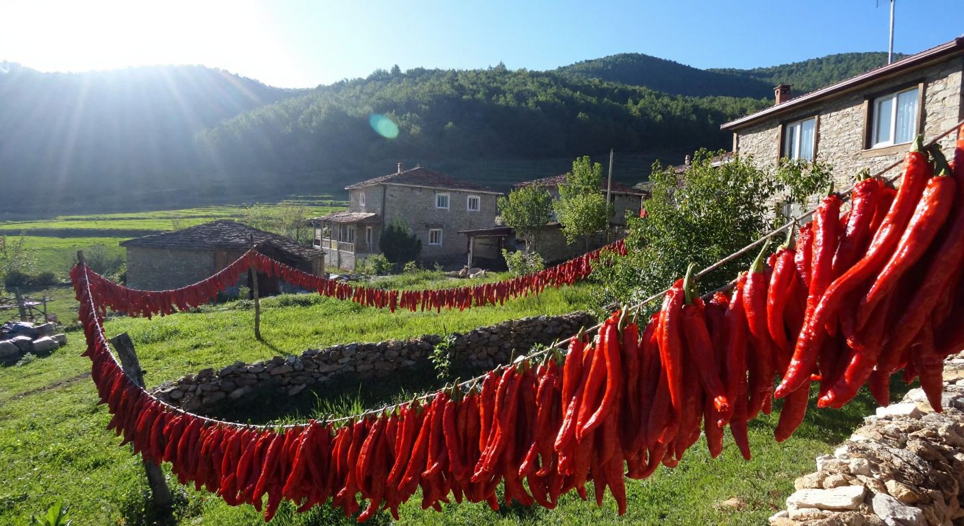 A sunlit rural scene in Bilecik’s Çukurören village, with vibrant red peppers strung on ropes to dry against a backdrop of traditional stone houses and green hills.