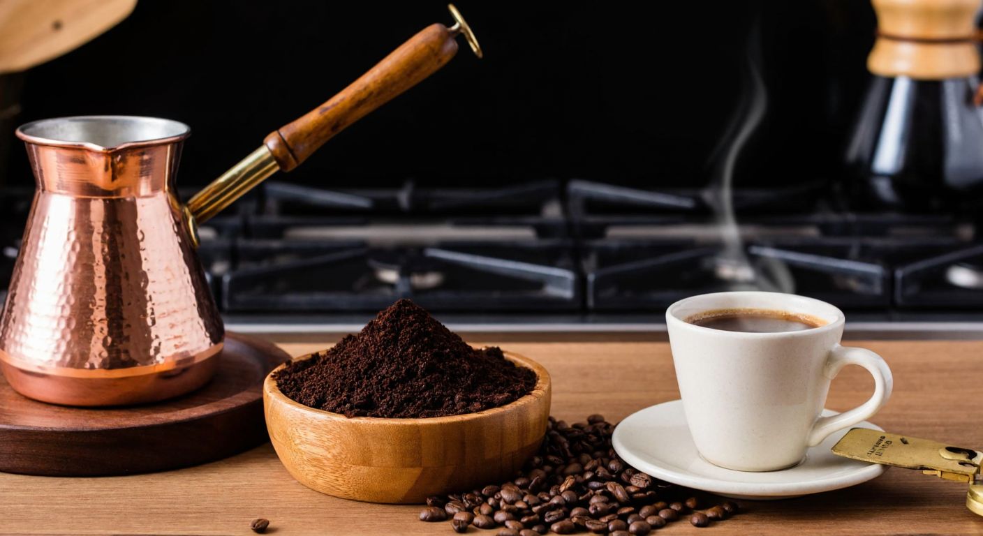 A warm Turkish kitchen with a copper cezve on a stove, freshly ground coffee beans in a wooden bowl, and a steaming cup of filter coffee beside a small scale measuring 7 grams of coffee, evoking a cozy and precise brewing process.