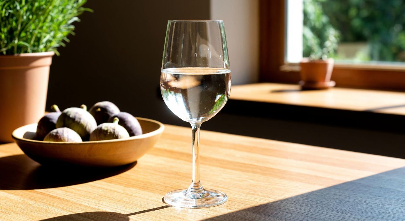 A clear, elegant Paşabahçe Pinot water glass filled to the brim with sparkling water, placed on a sunlit wooden table in a cozy Turkish kitchen, with a bowl of fresh figs nearby.