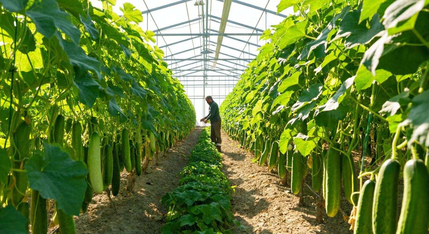 A sunlit Turkish greenhouse with rows of vibrant green cucumber vines, where a farmer in traditional workwear carefully inspects the healthy, freshly picked **Şahin 07** cucumbers.