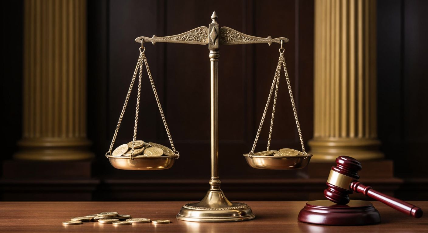 A pair of scales in a Turkish courthouse, one side weighed down with gold coins (representing *muaccel borç*), the other side empty and tilted upward (representing *muaccel olmayan borç*), with a judge’s gavel resting nearby.