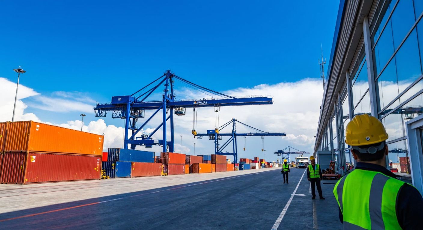 A bustling Turkish port with cranes unloading colorful shipping containers under a bright blue sky, while workers in hard hats and reflective vests oversee operations near a modern terminal building.