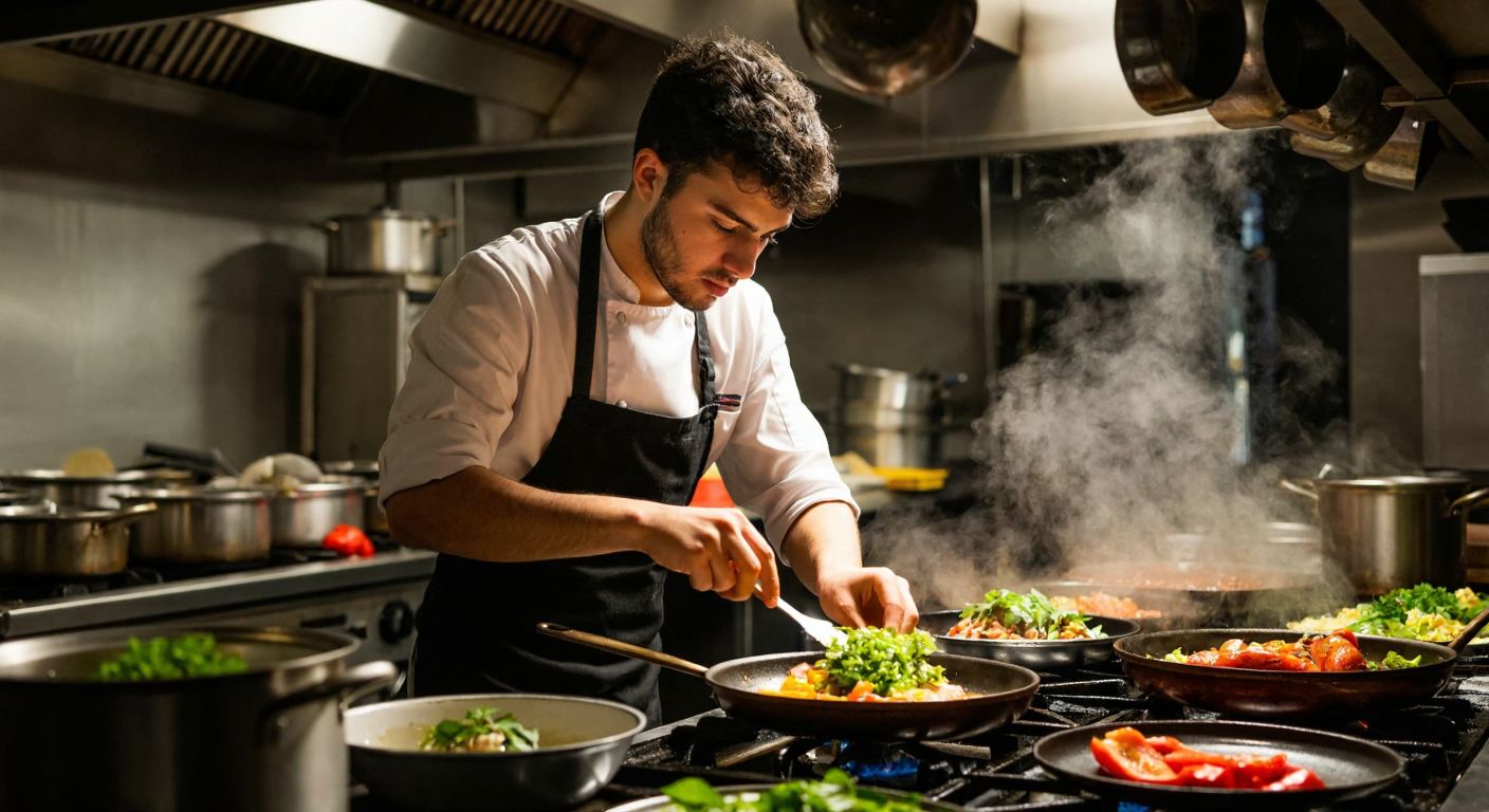 A determined young Turkish chef in a bustling kitchen, carefully plating a vibrant dish with fresh ingredients, surrounded by steaming pots and the glow of a professional stove, their face lit with focus and passion.