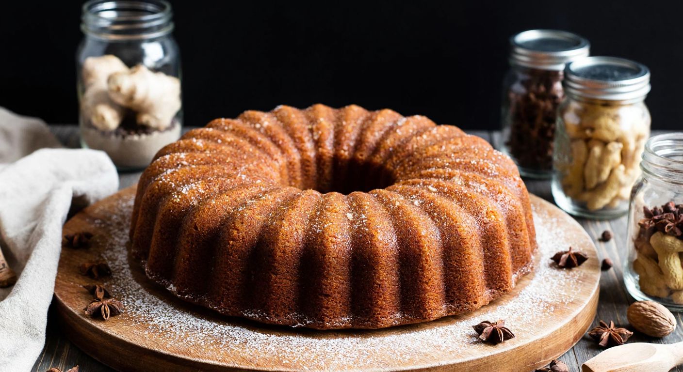 A warm, golden-brown date cake dusted with cinnamon and cloves, resting on a rustic wooden table in a Turkish kitchen, with jars of ginger and nutmeg nearby.