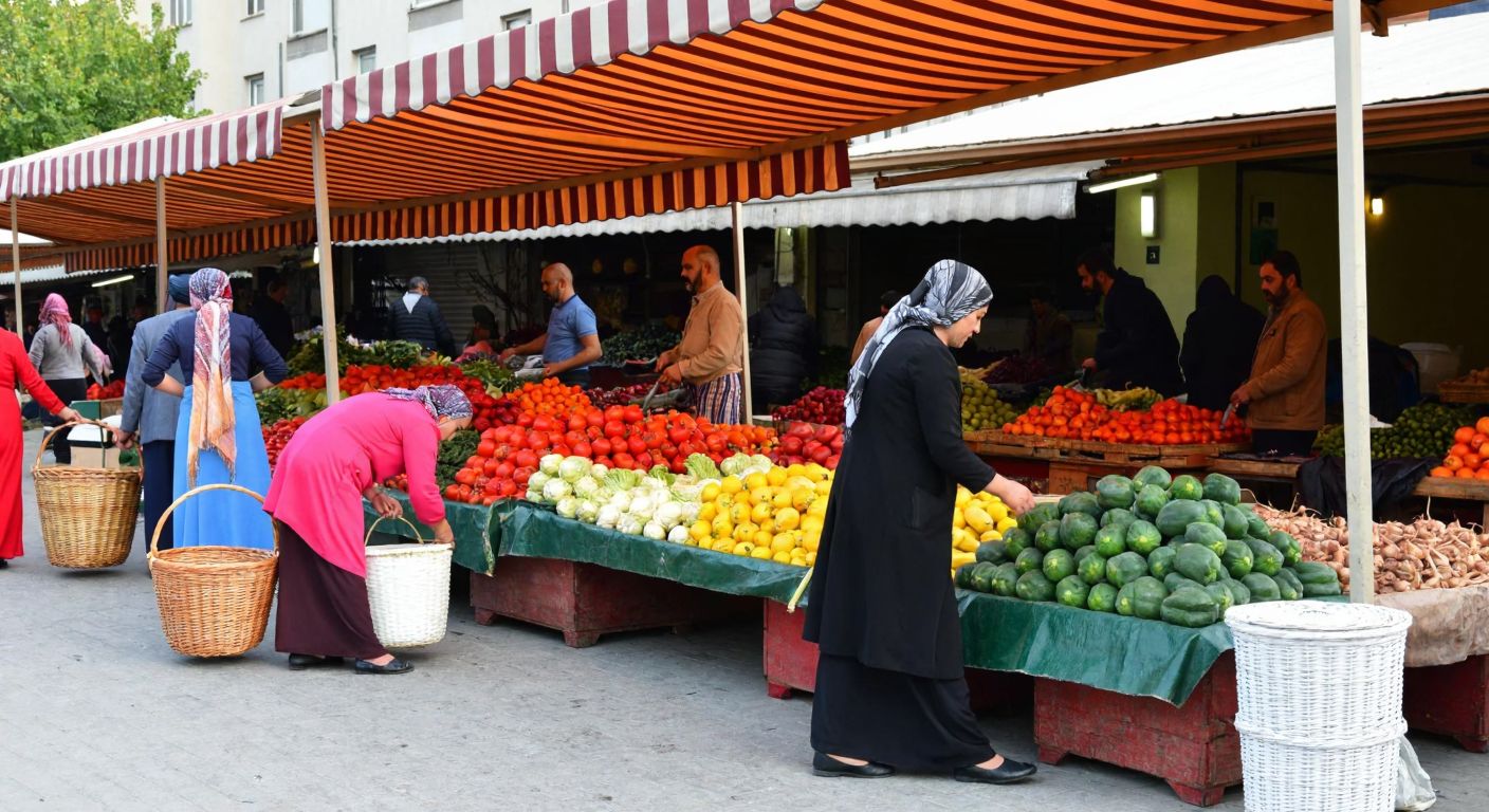 A bustling open-air vegetable market in Elazığ's Karşıyaka neighborhood, with vendors in traditional Turkish attire arranging colorful produce under striped awnings, surrounded by shoppers carrying woven baskets.