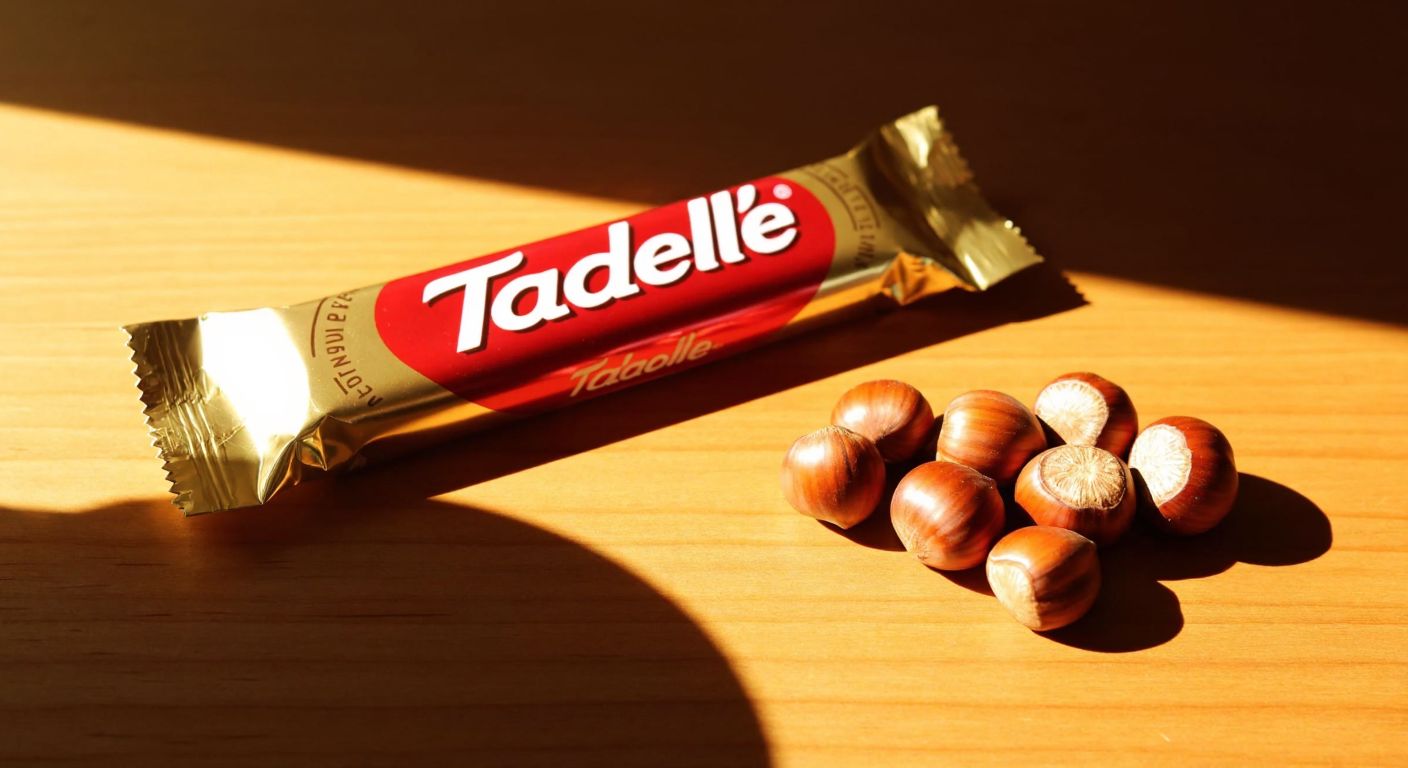 A golden-wrapped Tadelle chocolate bar resting on a wooden table beside a small pile of hazelnuts, with warm sunlight casting a cozy glow.