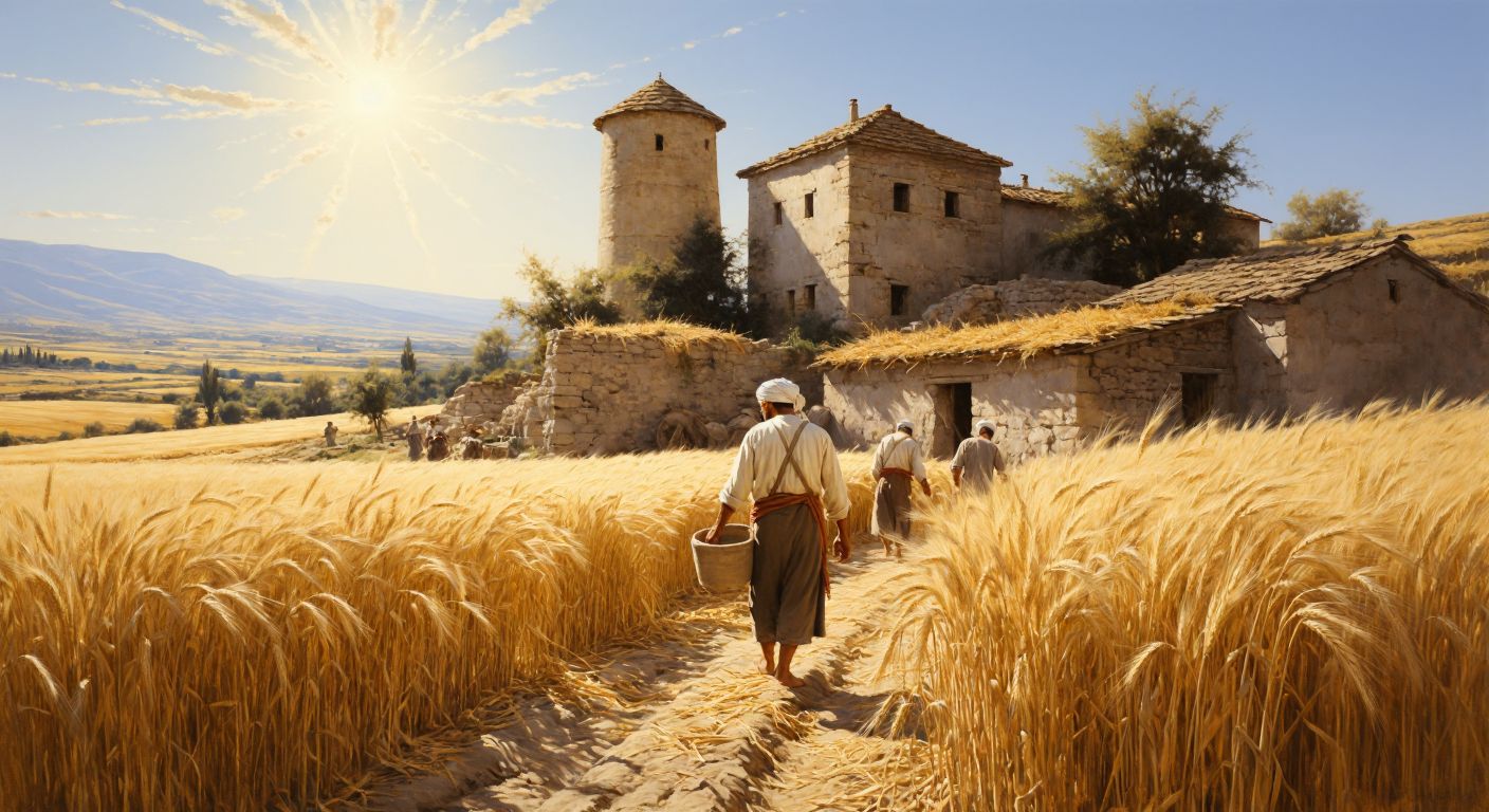 A sunlit Turkish wheat field with golden stalks swaying in the breeze, next to a traditional stone mill where workers in simple, flour-dusted clothing patiently grind wheat into fine starch.