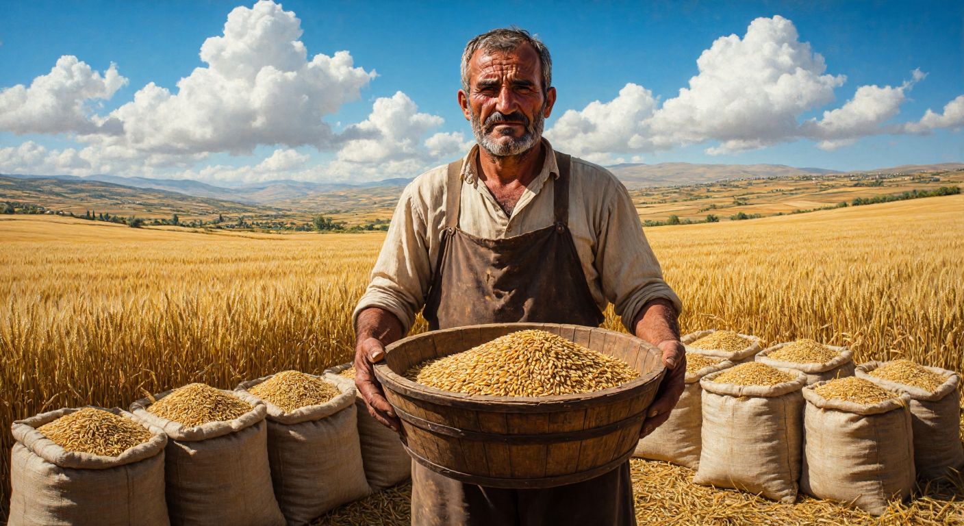 A weathered Turkish farmer in a sunlit wheat field holds an old wooden measuring container (gülek) filled with golden barley, surrounded by sacks of grain.