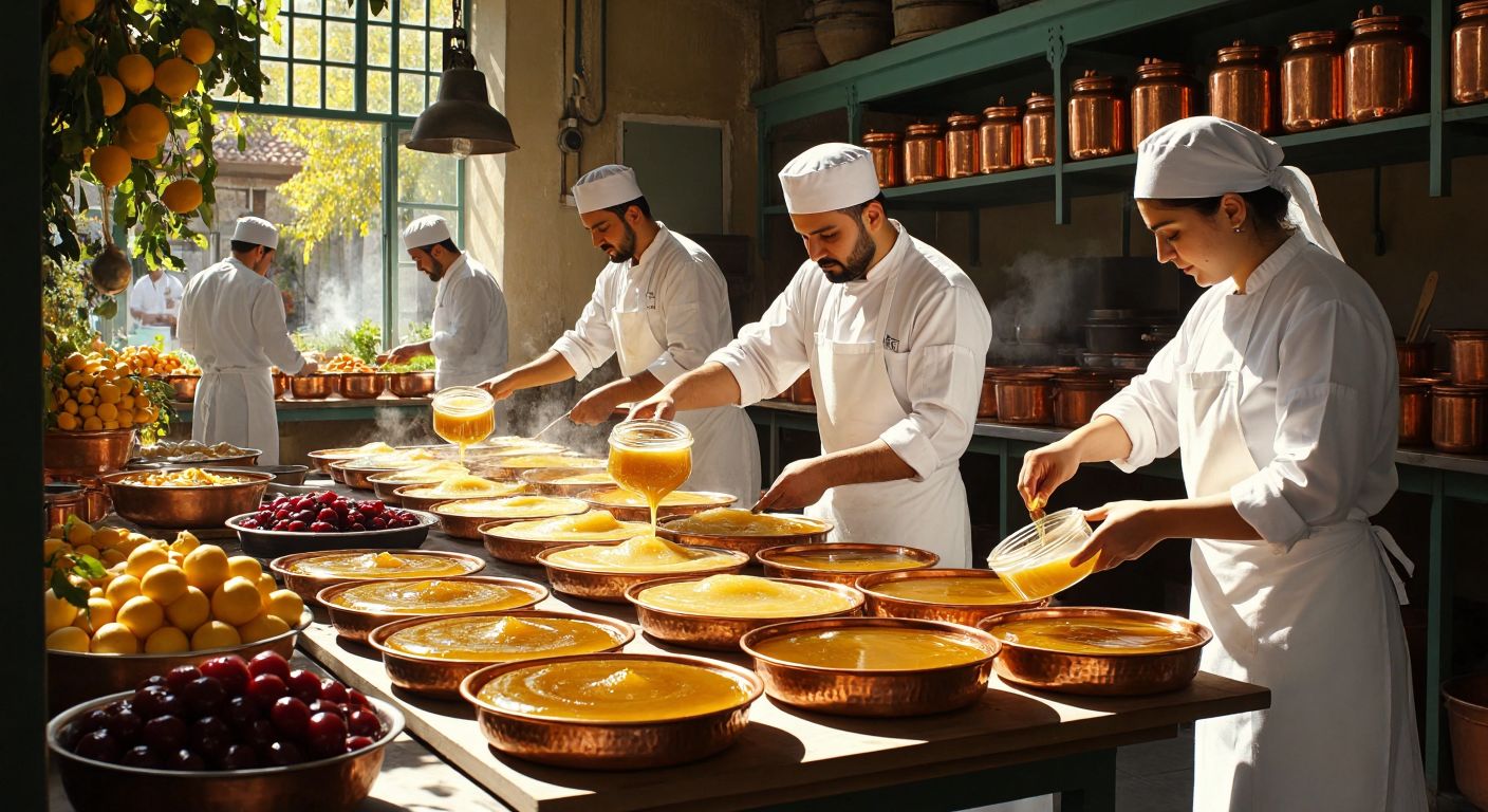 A sunlit Turkish factory with workers in white uniforms carefully pouring golden tahini into jars, surrounded by trays of glistening helva, amber pekmez in copper pots, and vibrant fruit preserves, evoking warmth and tradition.