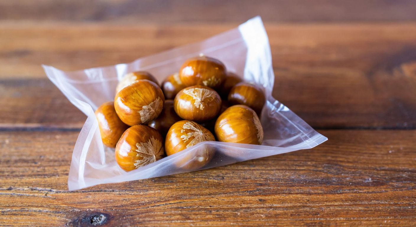 A small, clear package filled with ten golden-brown candied chestnuts, resting on a rustic wooden table with a warm, inviting glow.