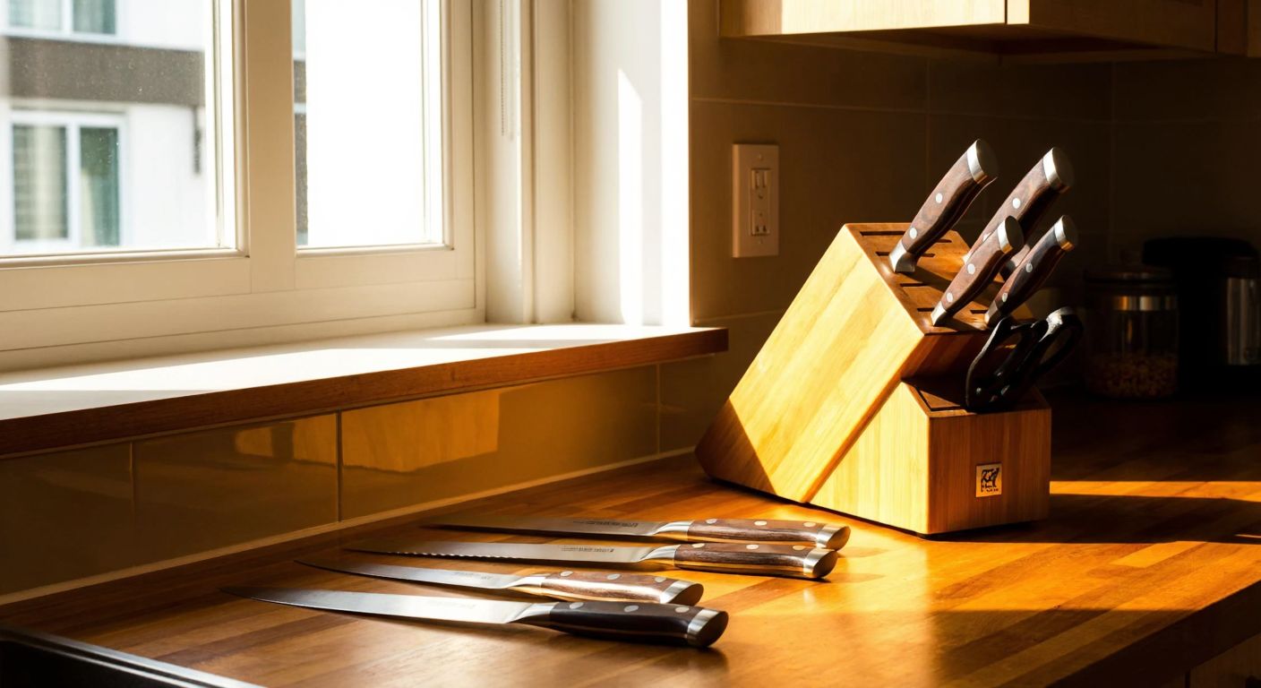 A polished wooden kitchen counter displays a gleaming Zwilling knife set with two, three, and six knives neatly arranged beside a block, with warm Turkish sunlight streaming through a nearby window.