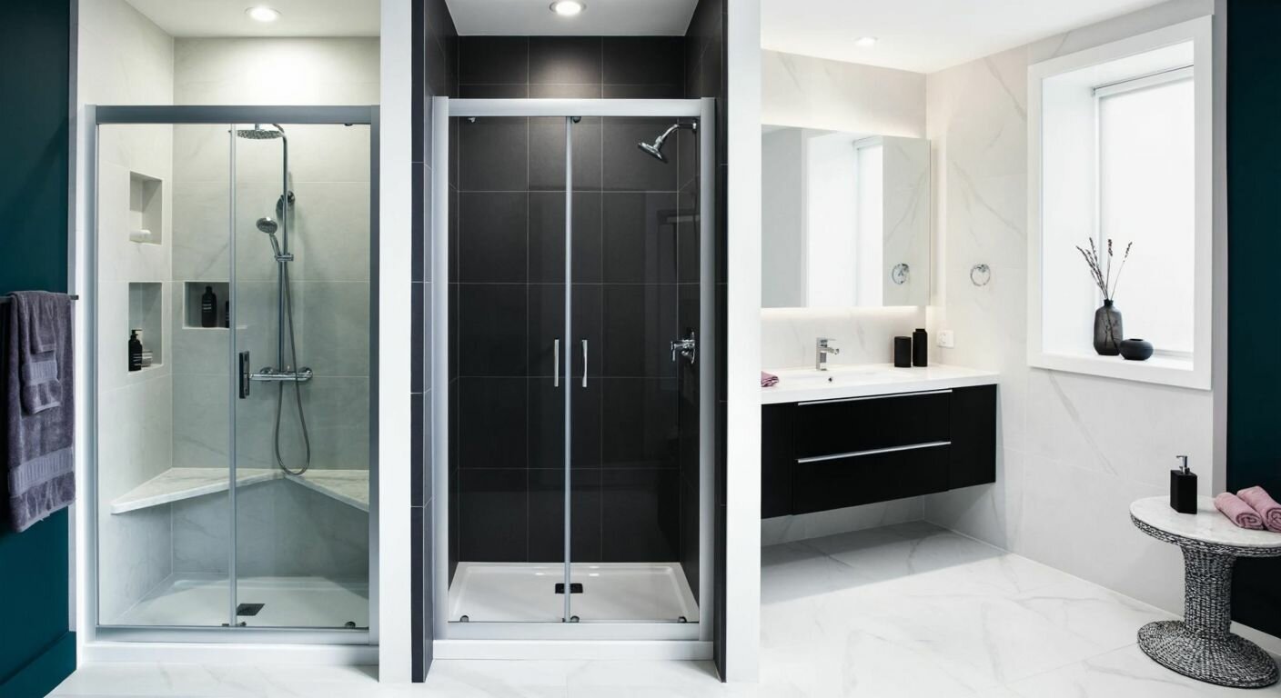 A modern Turkish bathroom with two contrasting shower setups—one featuring a sleek, tiled flat-floor design with a glass partition, and the other a practical shower tray with a framed glass cabin—highlighting the choice between aesthetics and functionality.