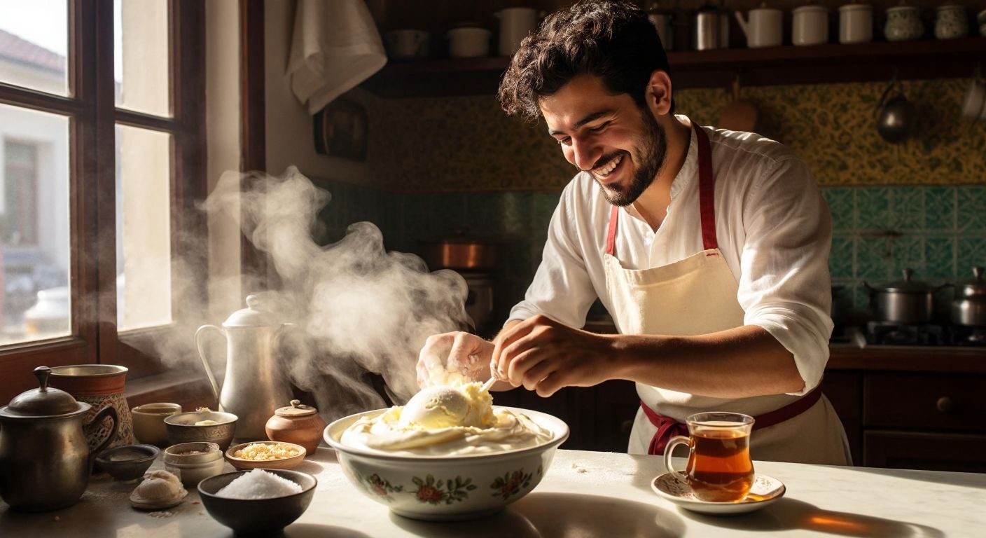 A smiling person in a Turkish kitchen crumbles pale-yellow dried ice cream over a bowl of creamy yogurt, with steam rising from a cup of tea nearby.