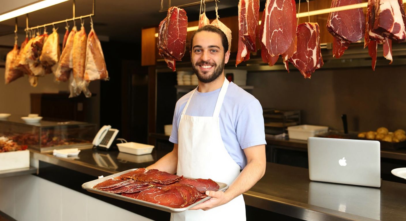 A smiling Turkish butcher in a white apron holds a tray of thinly sliced *pastırma* in a traditional deli, with a phone and laptop on the counter suggesting online orders.