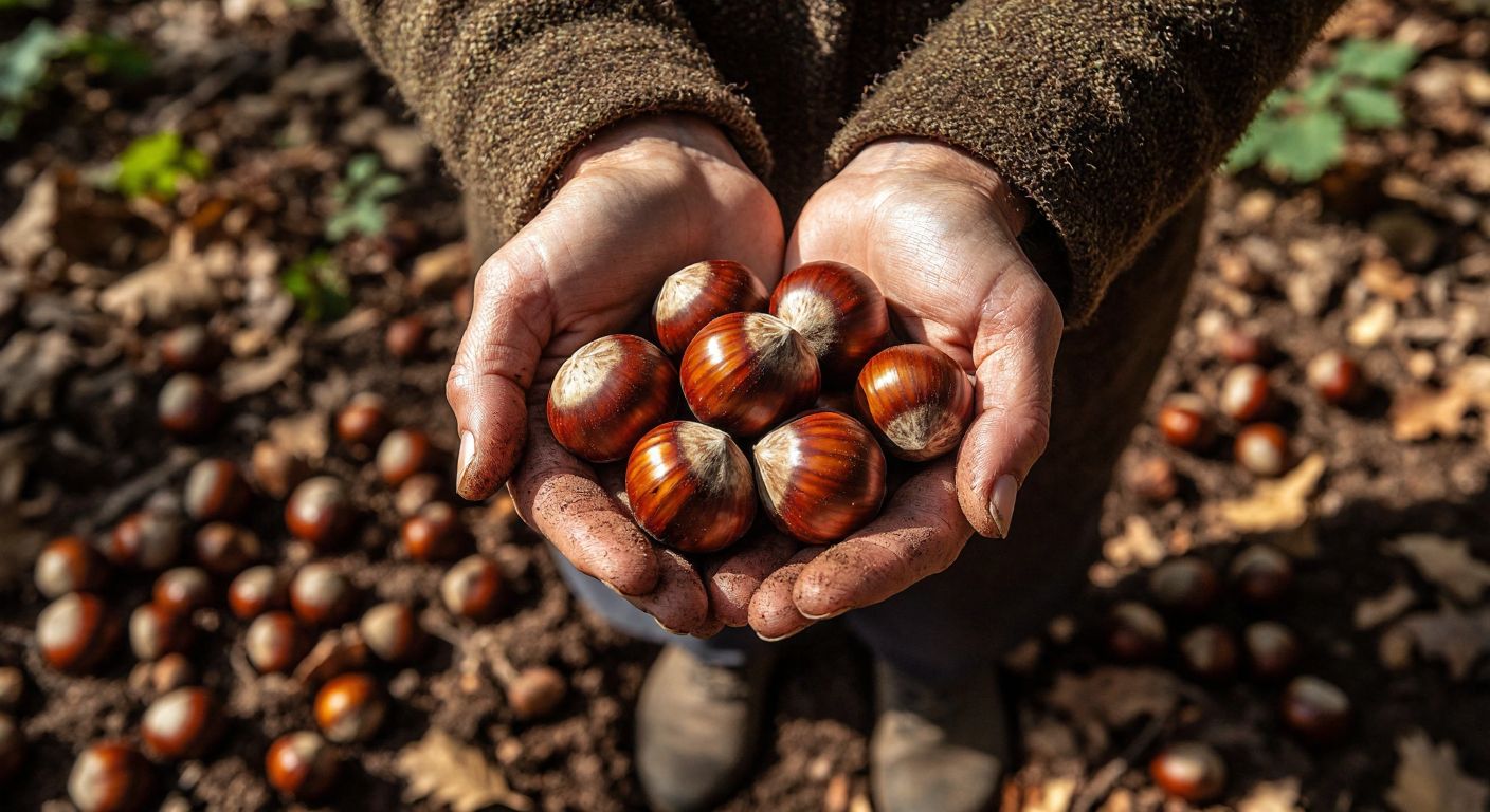 A sunlit forest in Erfelek with a villager proudly holding a handful of glossy, golden-brown chestnuts, their hands slightly dusty from harvesting, surrounded by fallen chestnut husks on the earthy ground.