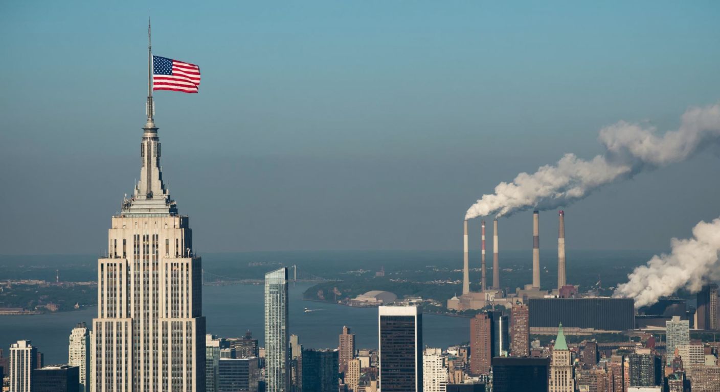 A towering modern skyscraper in New York City with an American flag waving atop, surrounded by a haze of smoke drifting from a distant industrial factory.