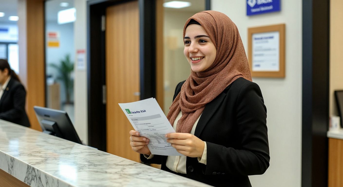 A Turkish woman in a bank branch, wearing a headscarf and holding a printed bank statement, smiles warmly at a customer service representative behind a marble counter.