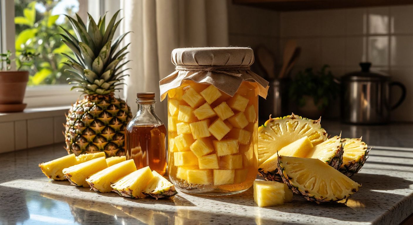 A sunlit Turkish kitchen counter holds a glass jar filled with cubed pineapple, honey, and water, covered with a cloth secured by a rubber band, surrounded by fresh pineapple slices and a small bottle of natural vinegar.