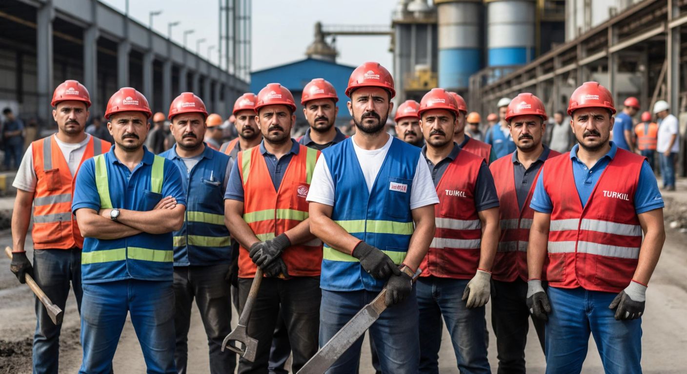 A group of determined Turkish workers in hard hats and overalls standing in front of a factory, some holding tools, with one group wearing blue vests labeled "Türk-İş" and another in red vests labeled "Türk Metal," symbolizing their distinct but related roles.