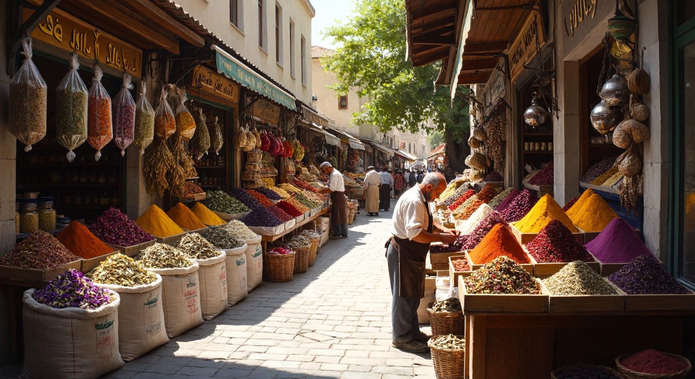 A bustling Turkish spice market with colorful sacks of dried herbs and vibrant spice blends, alongside a craftsman meticulously hand-carving an ornate fountain pen in a small, sunlit workshop.