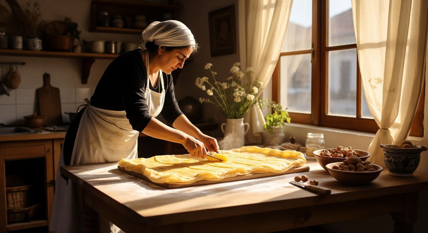 A Turkish woman in a sunlit kitchen rolls out thin layers of golden pastry dough on a flour-dusted wooden table, carefully brushing each layer with melted butter while a bowl of walnuts sits nearby.