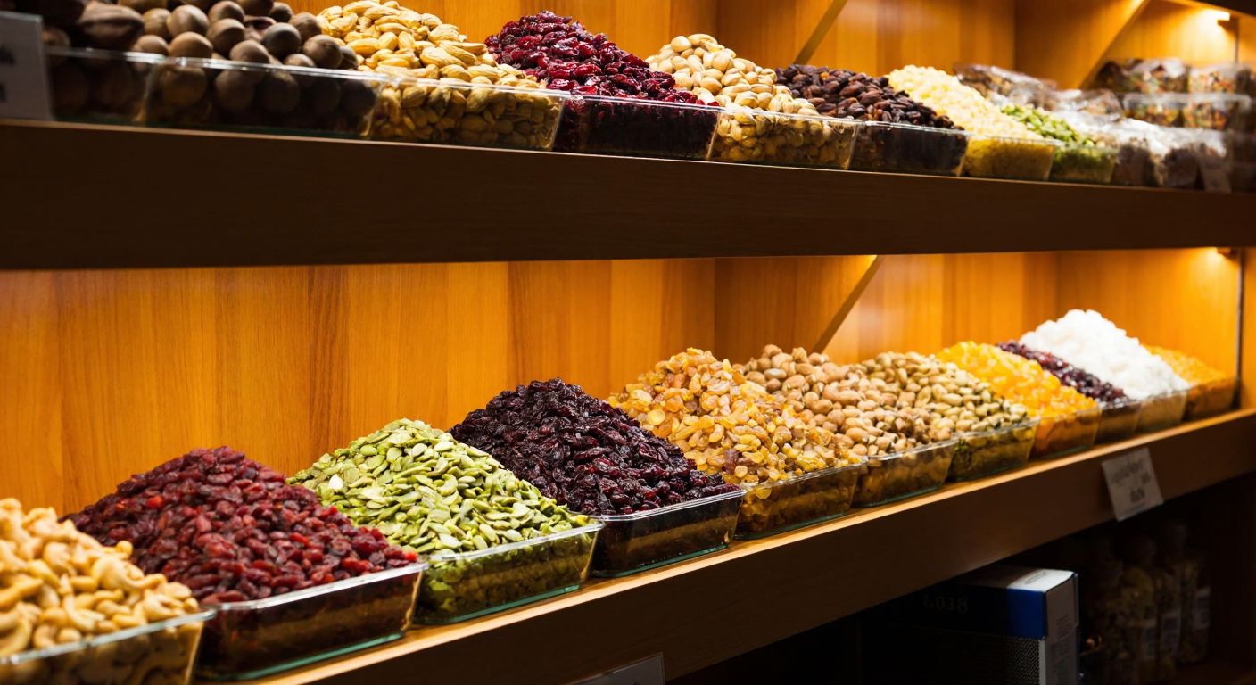 A warm, well-lit wooden display case with multiple glass compartments, neatly filled with colorful varieties of nuts and dried fruits, arranged elegantly under soft golden lighting in a bustling Turkish market.