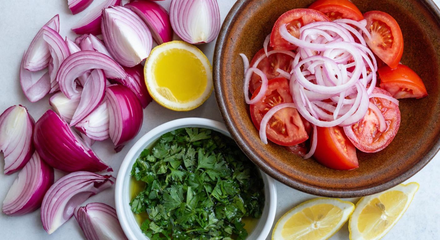 A vibrant Turkish kitchen countertop displays freshly sliced red onions, diced tomatoes, and chopped parsley arranged around a rustic ceramic bowl filled with a colorful onion and radish meze, drizzled with golden olive oil and garnished with lemon wedges.