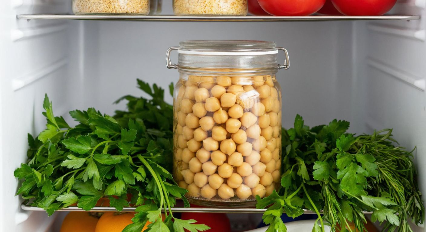 A glass jar filled with cooked chickpeas sits inside a Turkish kitchen's refrigerator, surrounded by fresh herbs and covered with a tight lid to preserve freshness.