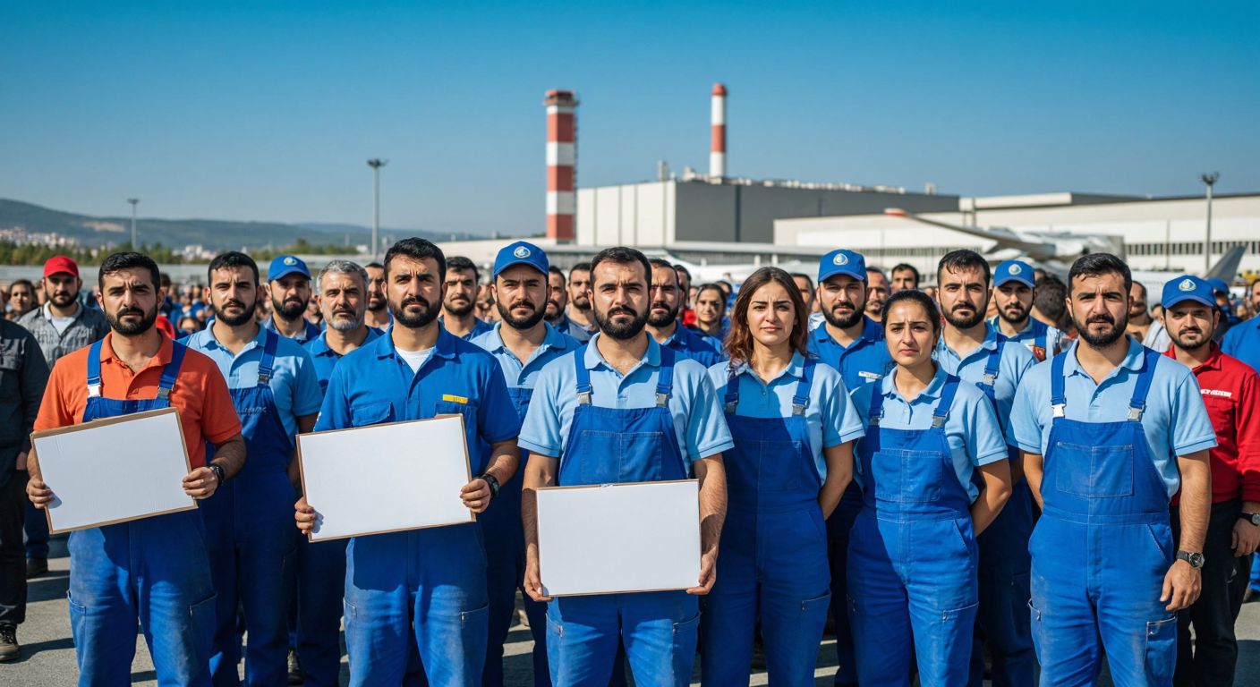 A group of determined workers in blue overalls and airline uniforms stand together in front of a factory and an airport in Bursa, holding protest signs (without visible text), their faces showing solidarity and resolve under a bright afternoon sun.