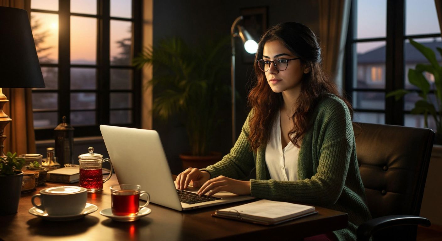 A Turkish woman in a cozy home office, wearing glasses and a focused expression, types on a laptop with an Excel spreadsheet open showing a mortgage calculation table, while a steaming cup of Turkish tea sits beside her.