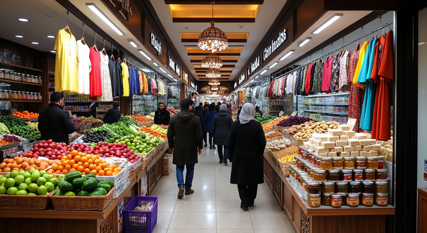 A bustling indoor marketplace in Istanbul with vendors selling fresh produce and bulk foods, contrasted with a modern shopping mall in Diyarbakır displaying colorful clothing and accessories, alongside a cozy Turkish shop counter piled with jars of golden tahini, sticky pekmez, and rich halva.