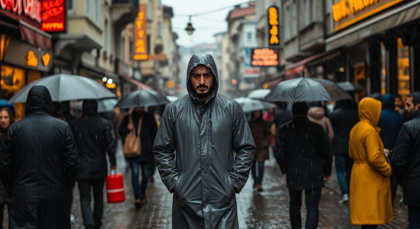 A Turkish man wearing a sleek, waterproof raincoat walks confidently through a bustling Istanbul street under a steady downpour, his hood up and hands tucked into deep pockets, while others around him shield themselves with umbrellas.