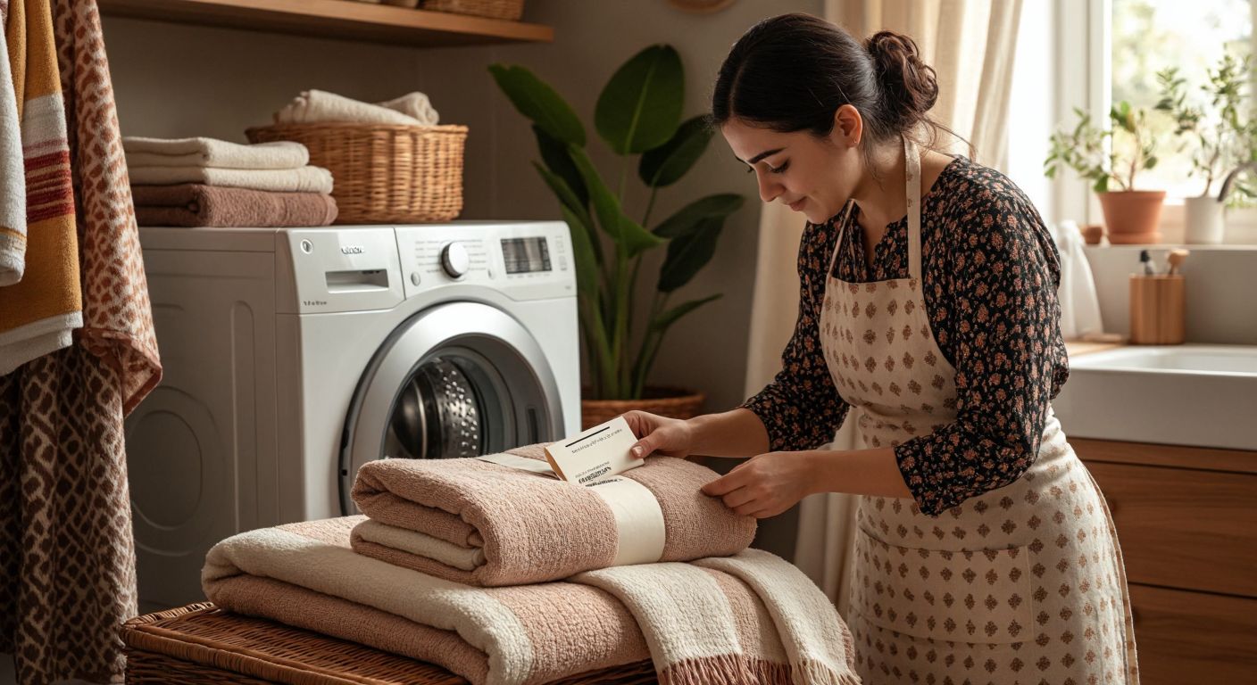 A cozy, neatly folded Karaca Sion blanket in warm earth tones sits beside a washing machine with a soft glow, while a Turkish woman in a patterned apron carefully checks the fabric care label.