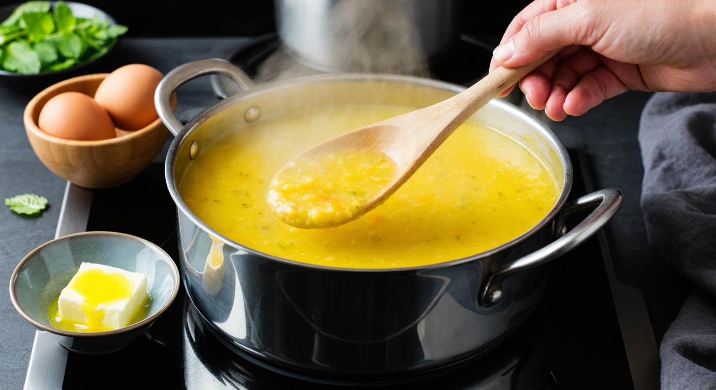 A steaming pot of golden-yellow *4 kaşık çorbası* on a stovetop, with a wooden spoon stirring slowly, while a small bowl of mint-infused melted butter sits nearby, and a hand carefully pours a ladle of warm broth into a separate bowl to temper the egg mixture.