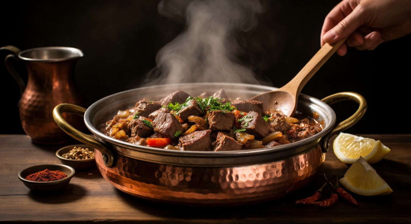 A rustic Turkish copper pot sizzling with tender lamb pieces and golden tail fat, releasing aromatic steam as a wooden spoon stirs the rich, spiced Kömürhan kavurma over a low flame.