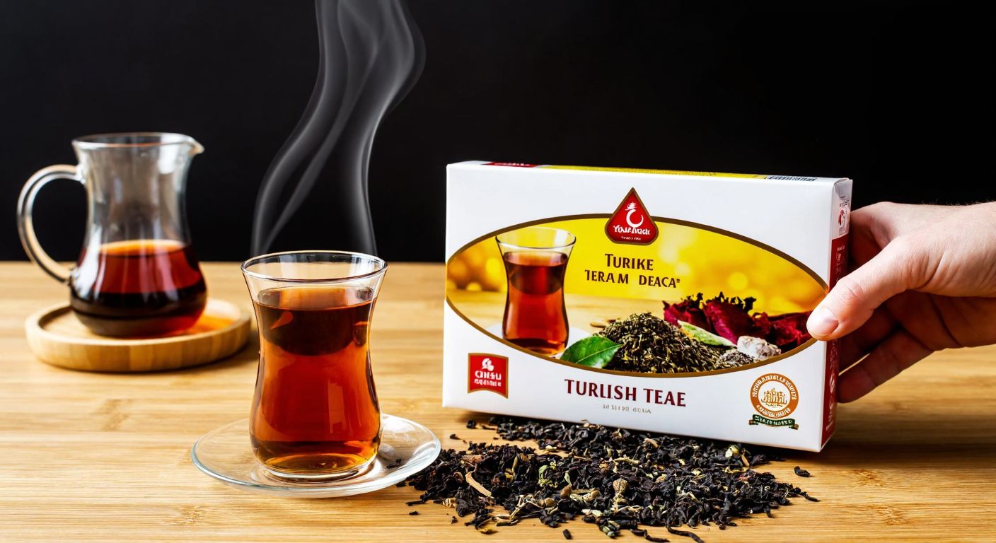 A hand holding a box of Turkish tea bags with a steaming glass of amber-colored çay on a wooden table, surrounded by loose tea leaves and a traditional Turkish tea glass.