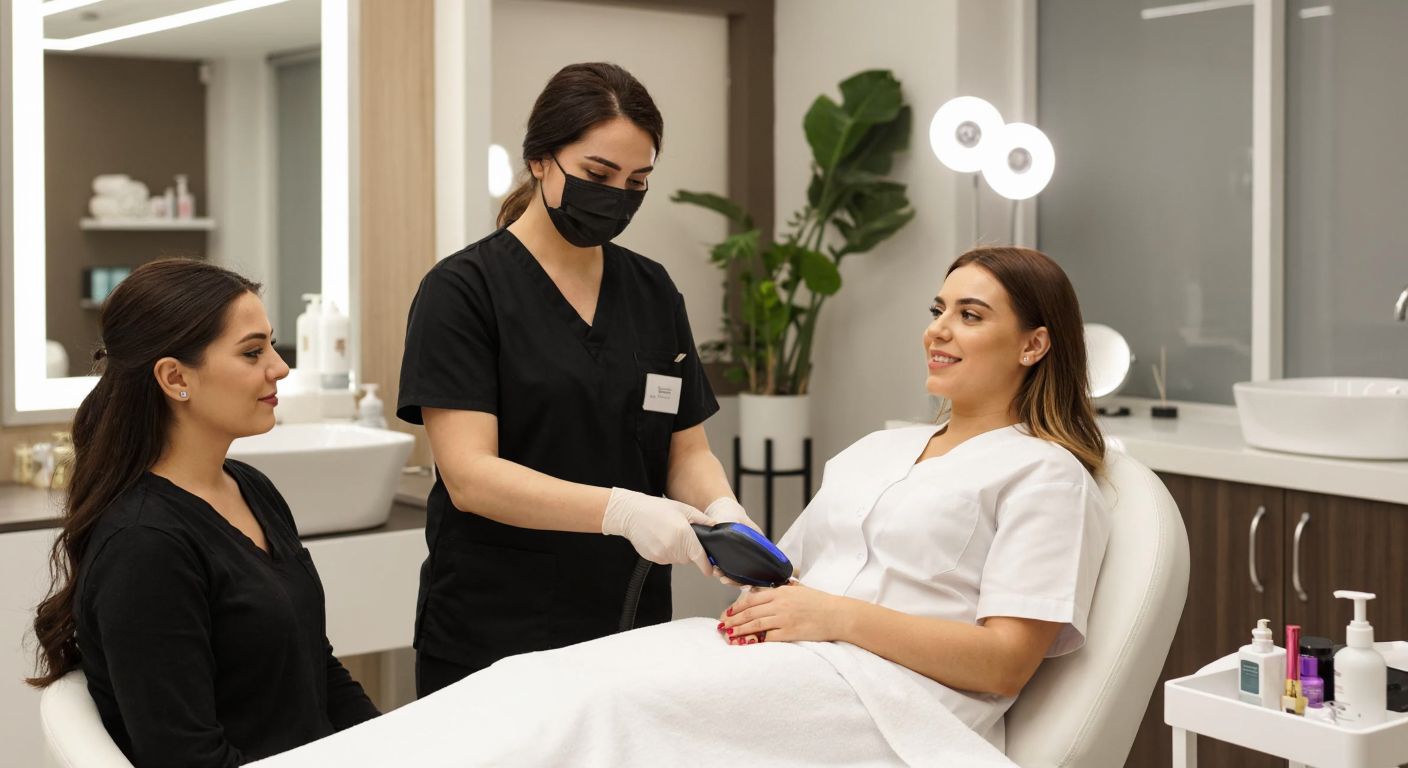 A well-lit Turkish beauty salon with a professional technician confidently demonstrating a sleek, high-quality laser device to a curious client, surrounded by modern equipment and a clean, reassuring atmosphere.