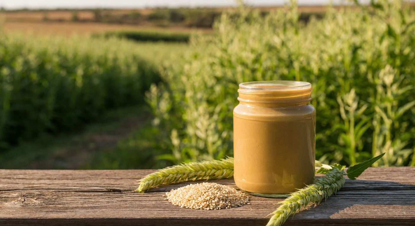 A golden-brown jar of tahini sits on a rustic wooden table, surrounded by fresh sesame seeds and a sunlit field of sesame plants in Çukurova, Turkey.