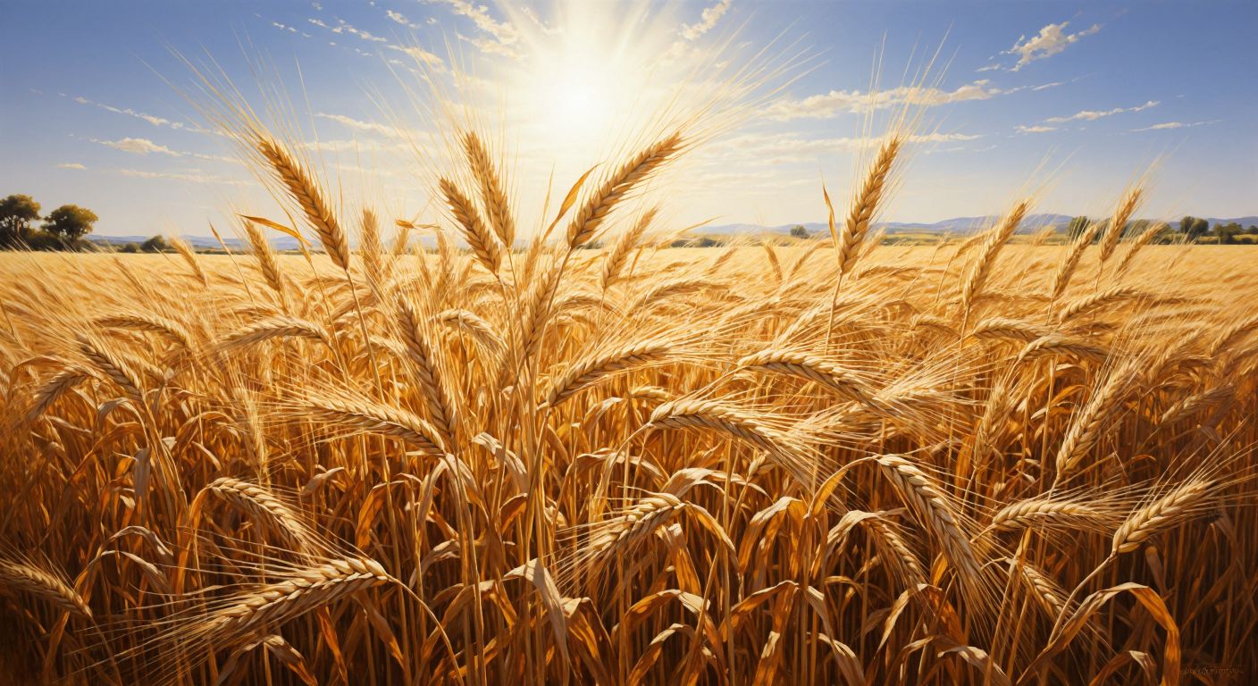 A golden wheat field under a bright sun, with ripe amber stalks swaying gently in the breeze, evoking the warmth and fertility of Turkish farmland.