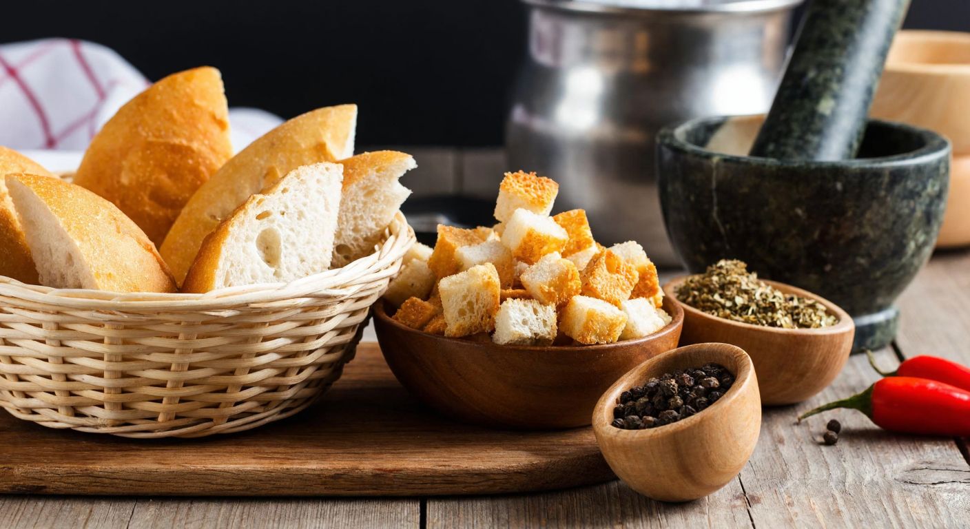 A rustic wooden table in a Turkish kitchen holds a basket of stale bread slices next to a bowl of golden, crispy croutons, with a mortar and pestle filled with aromatic spices nearby.