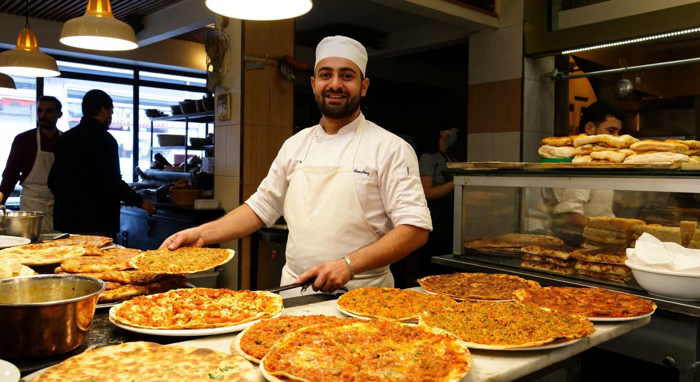 A warm, bustling bakery in Bakırköy with golden-brown lahmacun fresh from the oven, served by a smiling chef in a white apron, surrounded by the aroma of spices and the lively chatter of customers.