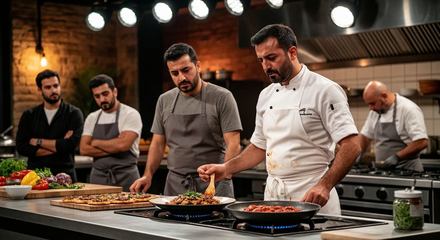 A tense kitchen scene with Metin Yavuz, a determined Turkish chef in a white apron, standing beside a flawed dish on a judging table, while the judges exchange disappointed glances under bright studio lights.