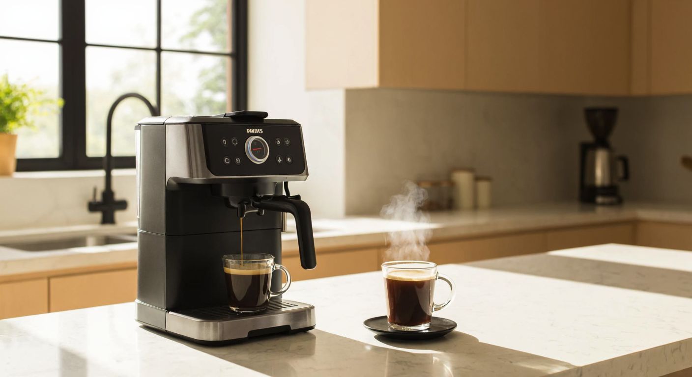 A sleek, modern Philips espresso machine sits on a marble countertop in a sunlit Turkish kitchen, steam rising from a freshly brewed cup of coffee beside it.