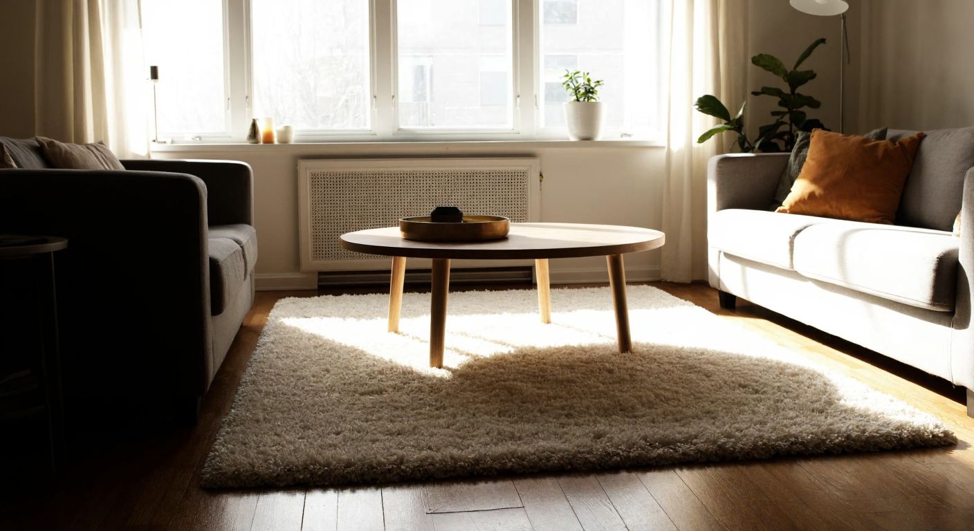 A cozy living room with a plush white IKEA Vindum rug under a wooden coffee table, bathed in warm sunlight from a nearby window.