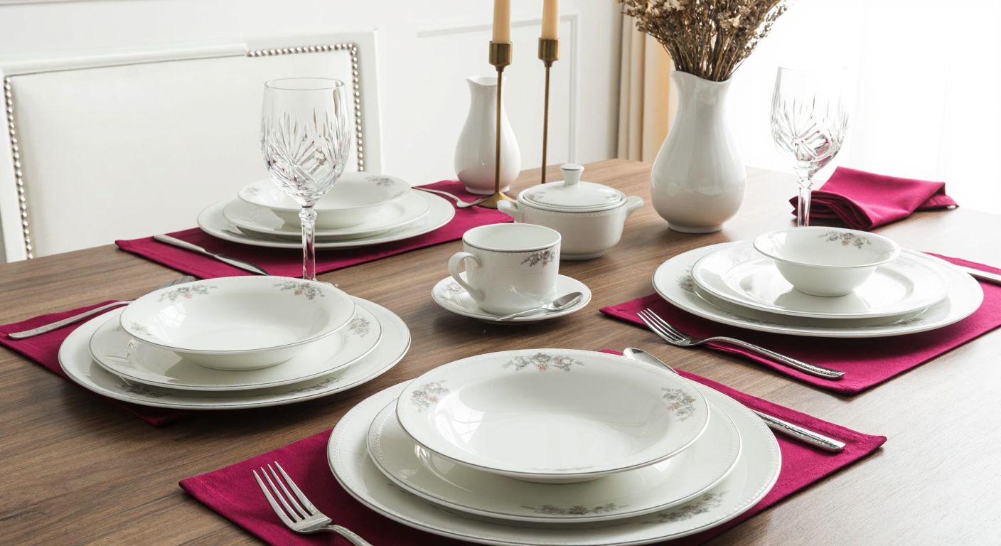A beautifully arranged dining table in a Turkish home, set with the elegant Kütahya Porselen Bone İlay platinum-rimmed dinnerware for six, featuring delicate floral patterns and gleaming silver cutlery, evoking warmth and hospitality.