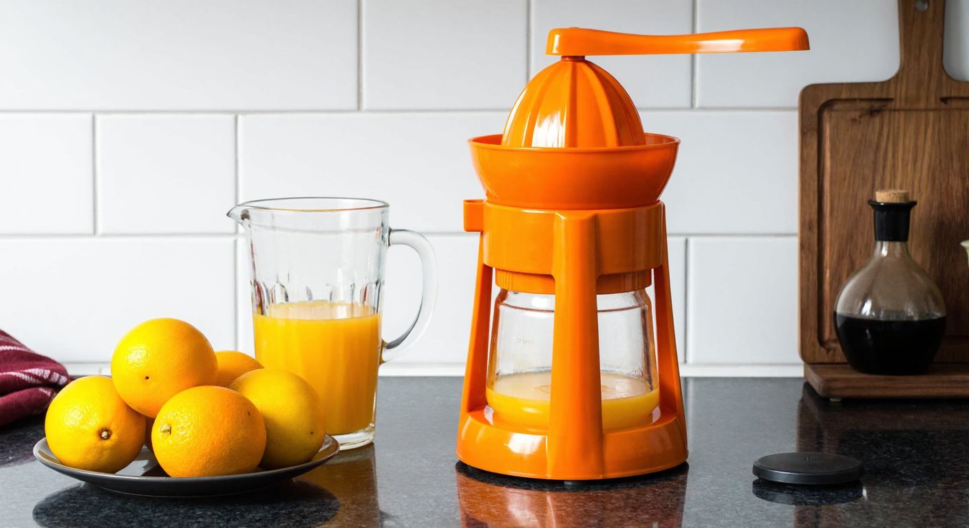 A traditional Turkish kitchen counter with a bright orange manual citrus juicer next to a clear glass pitcher filled with freshly squeezed orange juice.