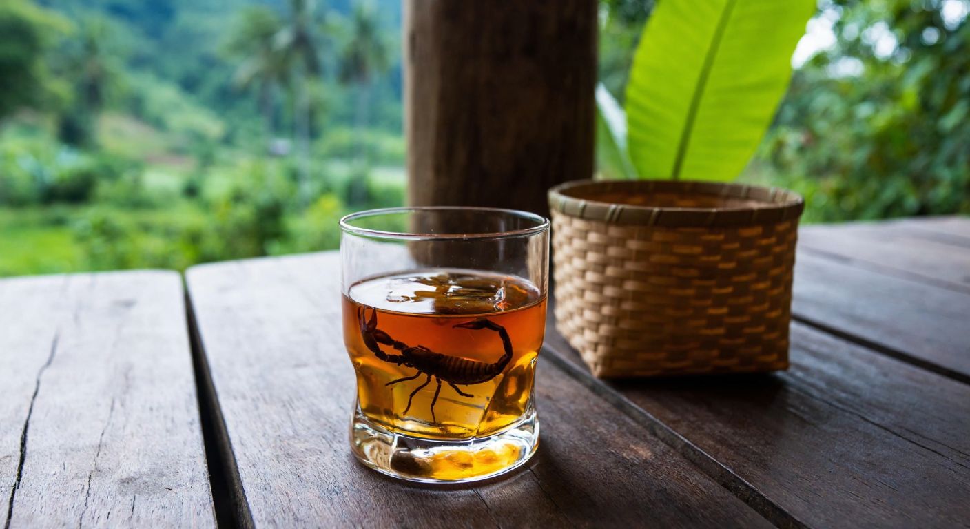 A rustic wooden table in a lush green village setting, holding a glass of amber whiskey with a scorpion submerged inside, surrounded by traditional Laotian woven baskets and tropical foliage.